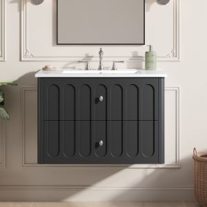 Vanité flottante 30" moderne, lavabo céramique, tiroirs fermeture douce