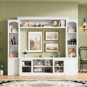 Meuble TV 65 po bibliothèque, 4 tablettes, portes verre