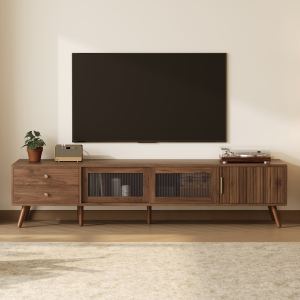 Meuble TV 76po verre moderne, centre divertissement, bois grain