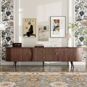 Meuble TV 70po mid-century moderne, portes tambour, 80po TV