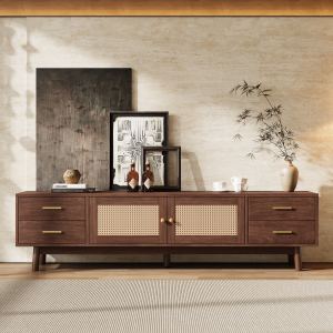 70inch Modern TV Stand With Rattan Doors For TVs Up To 80  , Media Console With Storage Space, 4 Drawers & Cable Holes, Entertainment Center For Living Room