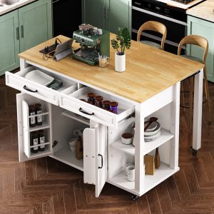 Îlot cuisine 47po table extensible, rangement, prises, blanc