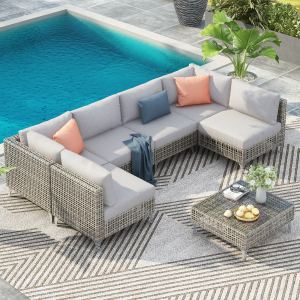 K&K Ensemble patio rotin 7pc, canapé conversation, coussins gris épais