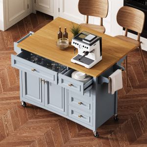 K&K îlot cuisine 52 po, rangement, roulettes, gris-bleu