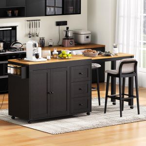 Îlot cuisine K&K 74,8 po, table extensible, 3 tiroirs, noir