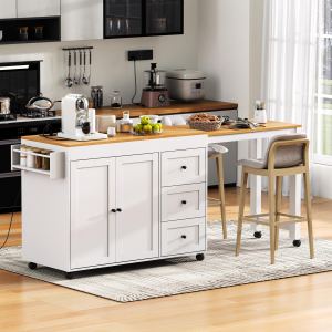 Îlot K&K 74,8 po avec table extensible, 3 tiroirs, prise