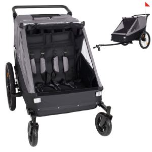 Remorque vélo enfants 2en1 jogging 1-2 enfants, pliable, gris