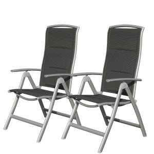 Ensemble 2 chaises patio alu, dossier haut, coussin coton, gris foncé