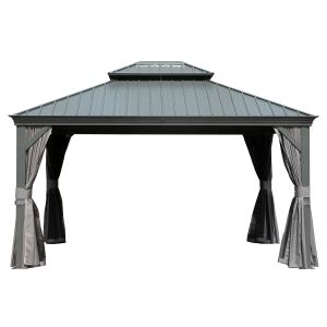 Gazébo 10x14 toit dur permanent, acier galvanisé gris