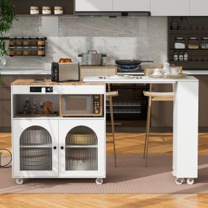 K&K Îlot cuisine roulant LED, portes verre, blanc
