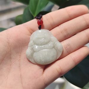Collier pendentif Bouddha rieur jade grade A main - Porte-bonheur