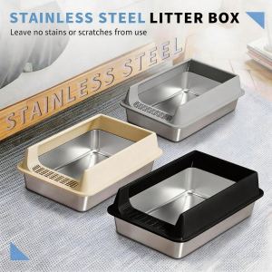 Litière chat inox grand bord haut anti-débordement