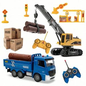 Camion grue RC 2-en-1 enfants, lumières clignotantes, accessoires DIY