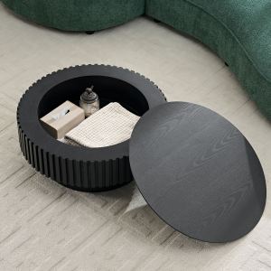 Table basse café nid ronde bois rangement, piédestal, noir