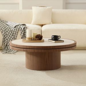 Table café 35,43'' pierre frittée piédestal MDF noyer