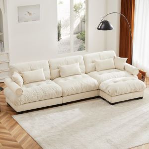 Grand canapé velours modulable, ottoman mobile, crème