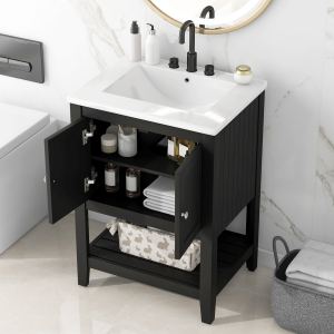 Vanité 24 po noire moderne tablette bois ouverte