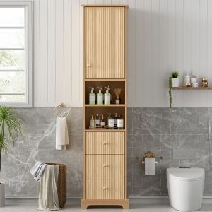 Cabinet salle bain 67,7 po, 1 porte, 3 tiroirs, poignées or