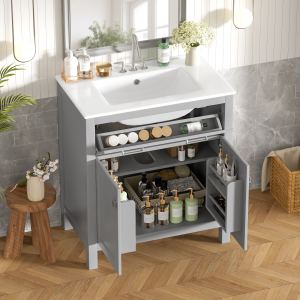 Vanité 30 po gris moderne, 2 portes, céramique, fermeture