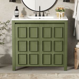 Meuble-lavabo 36" organisateur, évier céramique, vert olive