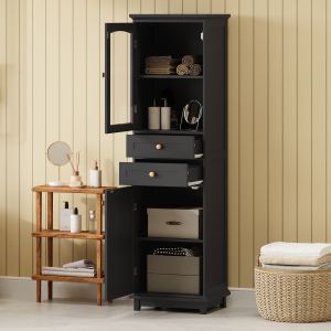 Meuble rangement salle bain 63po portes verre 2 tiroirs noir