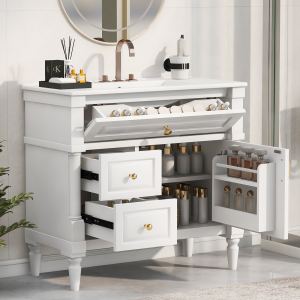 Vanité salle bain 36po, meuble cabinet bassin céramique blanc