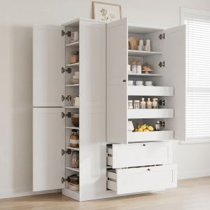 TOPMAX Armoire cuisine 73.6 po fermier, 7 tablettes, blanche