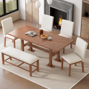 TOPMAX Table ferme 76po 6 pièces extensible feuille brun ivoire