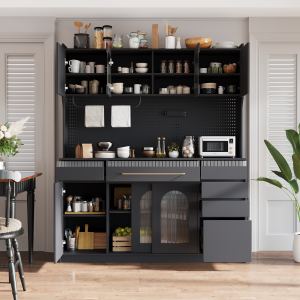 TOPMAX Buffet 63 po avec hutch, 6 tiroirs, 5 armoires, noir