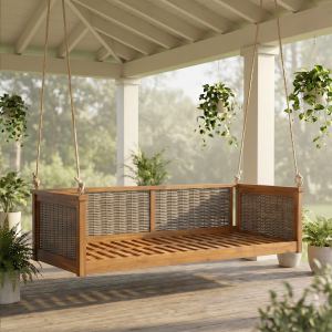 Lit balançoire bois TOPMAX, cadre rotin, TEAK