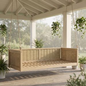 Lit balançoire bois TOPMAX, cadre rotin, TEAK CLAIR