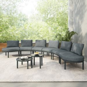 Ensemble sofa patio 8 pièces demi-lune rotin PE 2 tables verre gris