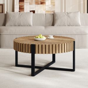 Table café ronde tambour design engrenage, base métal