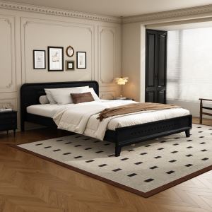 Lit queen pin massif, noir, stable, sans sommier