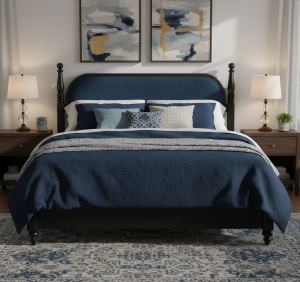 Lit king bois massif, bleu marine, sans ressorts