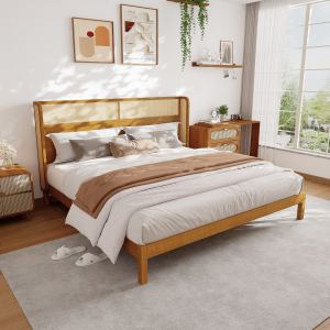 Lit plateforme bois caoutchouc king, tête, naturel