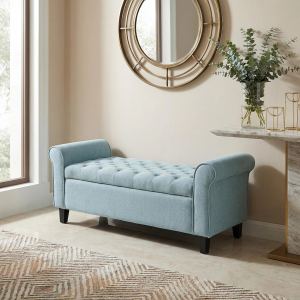 Banc rangement tissu bleu clair bras roulés 38po noir