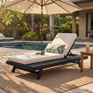 Ensemble chaise longue acacia noir, coussin crème 4 po