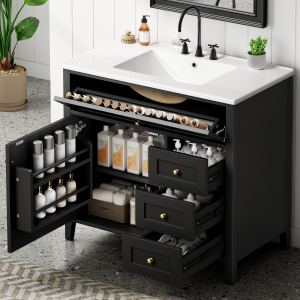 Vanité salle de bain 36 po noire MDF 3 tiroirs porte gauche