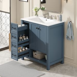 Vanité 30po 2 Portes 2 Tiroirs Bois Solide Gris Bleu