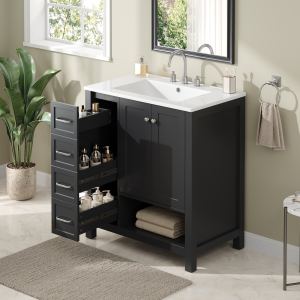 Vanité salle bain 30 po avec 2 portes 2 tiroirs, bois massif, noir