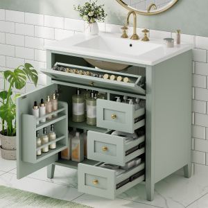 Meuble vanité salle de bain 30po vert, 3 tiroirs, MDF