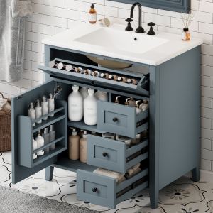 Meuble vanité salle de bain 30po gris-bleu, 3 tiroirs, MDF