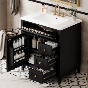 Meuble salle bain noir 30", MDF/bois caoutchouc, 3 tiroirs