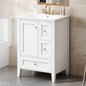 Vanité 24" salle bain, blanc, tiroirs, comptoir céramique