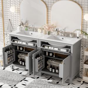 Meuble lavabo salle bain 60", double vanité, gris