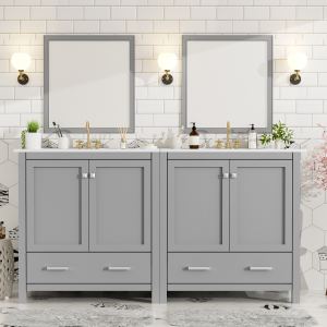 Vanité salle bain 60po double évier double céramique gris
