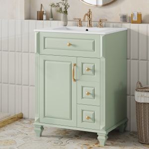 Vanité salle bain 24po, vert, 3 tiroirs, bois/MDF, céramique