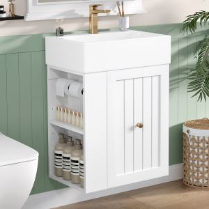 20-Inch Bathroom Vanity With Ceramic Sink, MDF Storage Cabinet With Drawer, Side Shelf & Golden Handle -Space-Saving Modern Vanity For Small Bathrooms