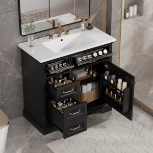Vanité 36" noir 4 tiroirs 1 porte céramique 8" trou